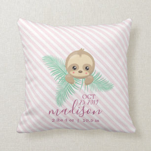 Cute Baby Sloth Baby Birth Stats Throw Pillow