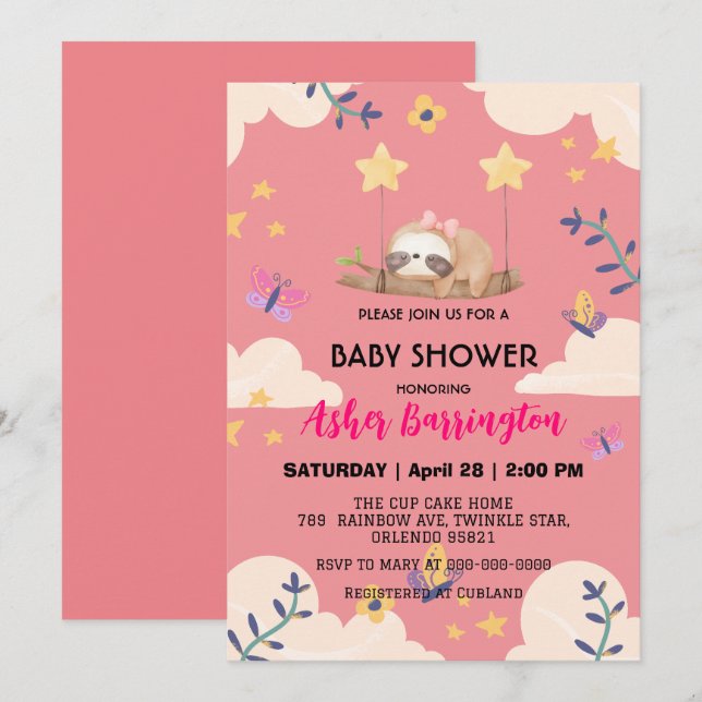 Cute Baby sloth butterfly flower baby shower party Invitation (Front/Back)