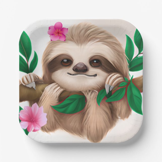 Cute Baby Sloth Hanging in a Tree Paper Plate (Front)
