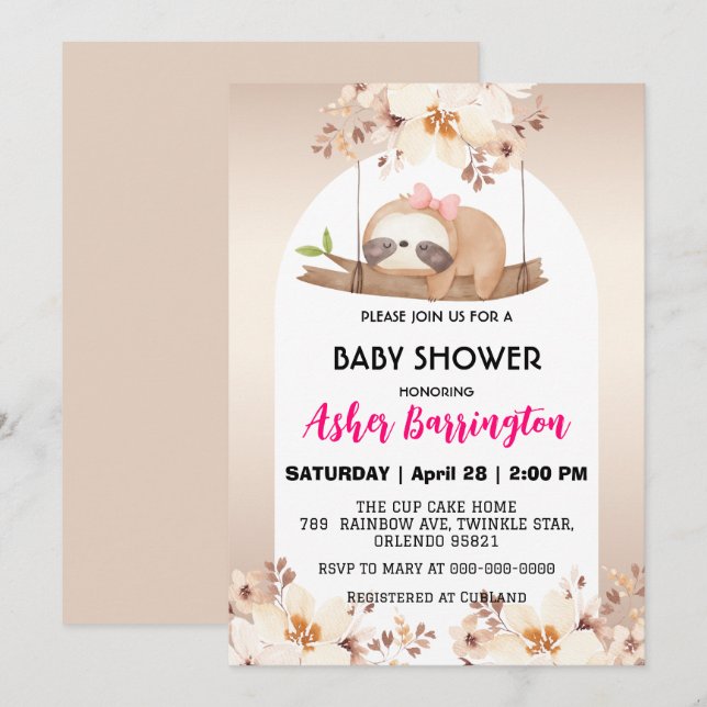 Cute Baby sloth rose gold flower baby shower party Invitation (Front/Back)