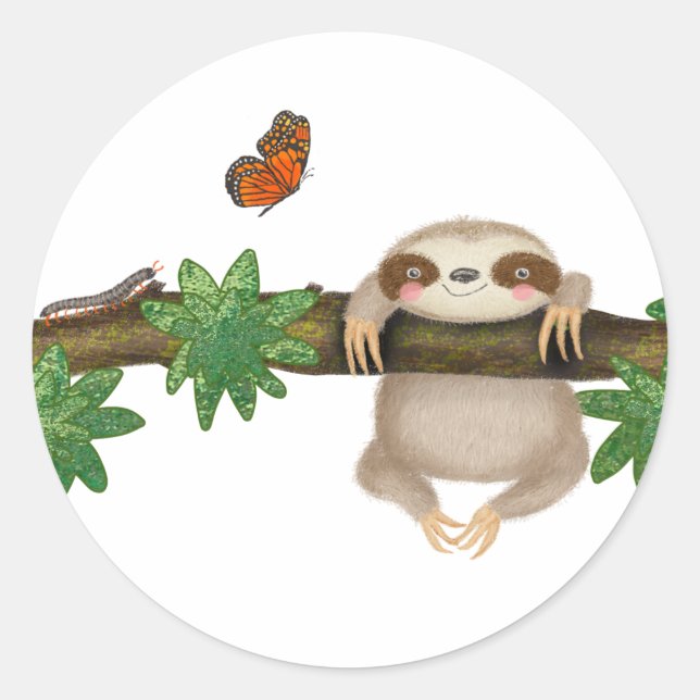 Cute baby sloth round stickers (Front)