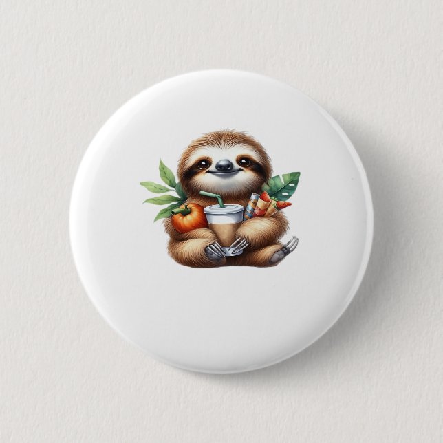 Cute Baby Sloth with Pumpkin Coffee and Pancakes w 6 Cm Round Badge (Front)