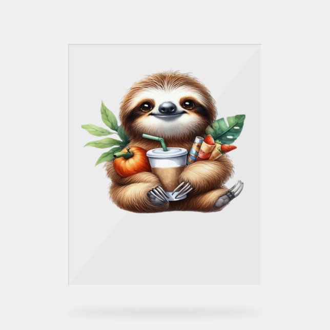 Cute Baby Sloth with Pumpkin Coffee and Pancakes w Acrylic Sign (Front)