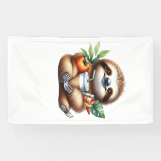 Cute Baby Sloth with Pumpkin Coffee and Pancakes w Banner