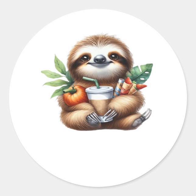 Cute Baby Sloth with Pumpkin Coffee and Pancakes w Classic Round Sticker (Front)