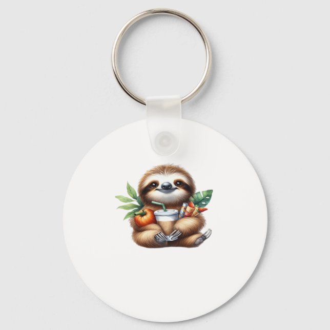 Cute Baby Sloth with Pumpkin Coffee and Pancakes w Key Ring (Front)