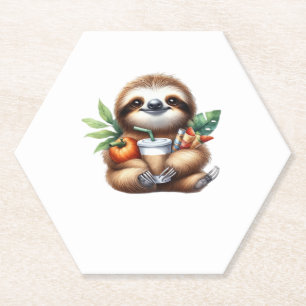 Cute Baby Sloth with Pumpkin Coffee and Pancakes w Paper Coaster