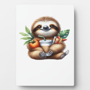 Cute Baby Sloth with Pumpkin Coffee and Pancakes w Plaque