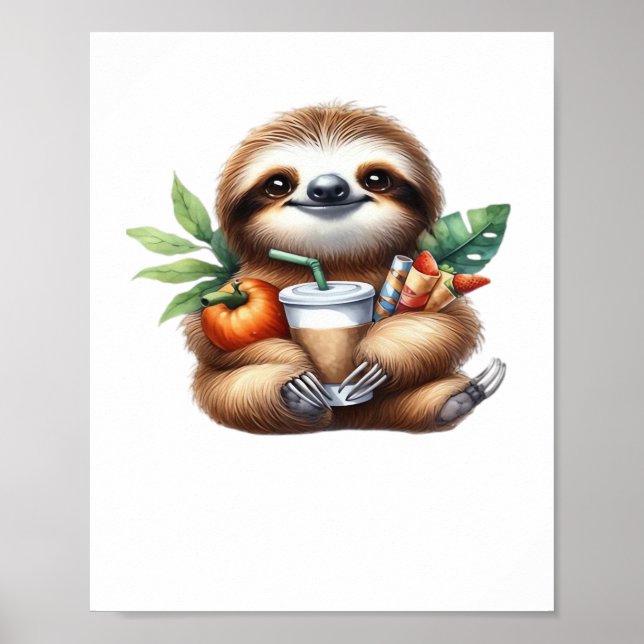 Cute Baby Sloth with Pumpkin Coffee and Pancakes w Poster (Front)
