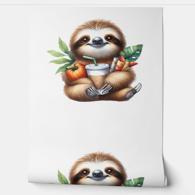Cute Baby Sloth with Pumpkin Coffee and Pancakes w Wallpaper (Unrolling)