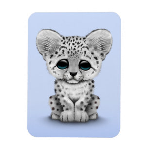 Cute Baby Snow Leopard Cub on Light Blue Magnet