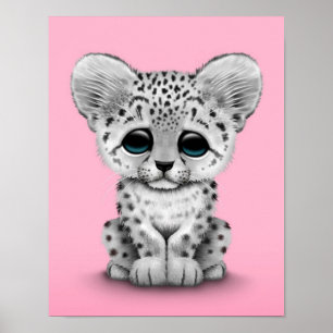 Cute Baby Snow Leopard Cub on Pink Poster