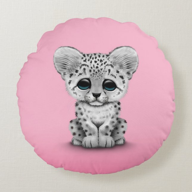 Cute Baby Snow Leopard Cub on Pink Round Cushion (Front)