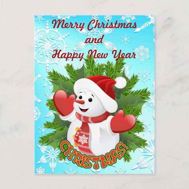 Cute Baby Snowman and Crystal Snowflakes Postcard (Front)