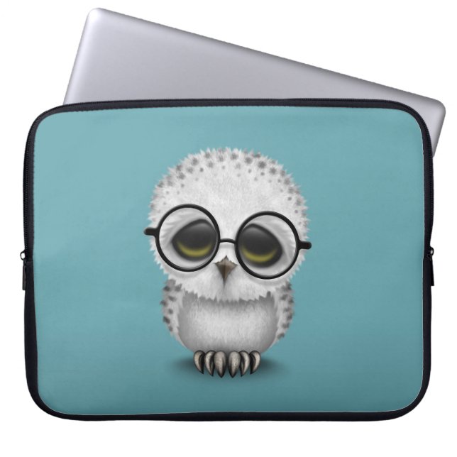 Cute Baby Snowy Owl Wearing Glasses on Blue Laptop Sleeve (Front)