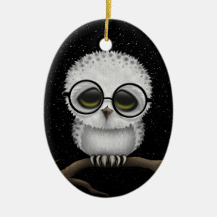 Cute Baby Snowy Owl Wearing Glasses with Stars Ceramic Tree Decoration
