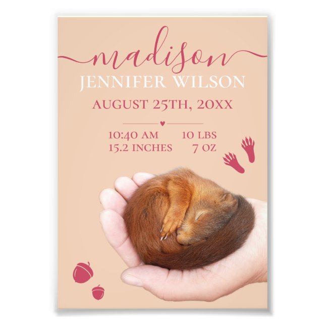 Cute baby squirrel announcement Baby girl Blanket Photo Print (Front)
