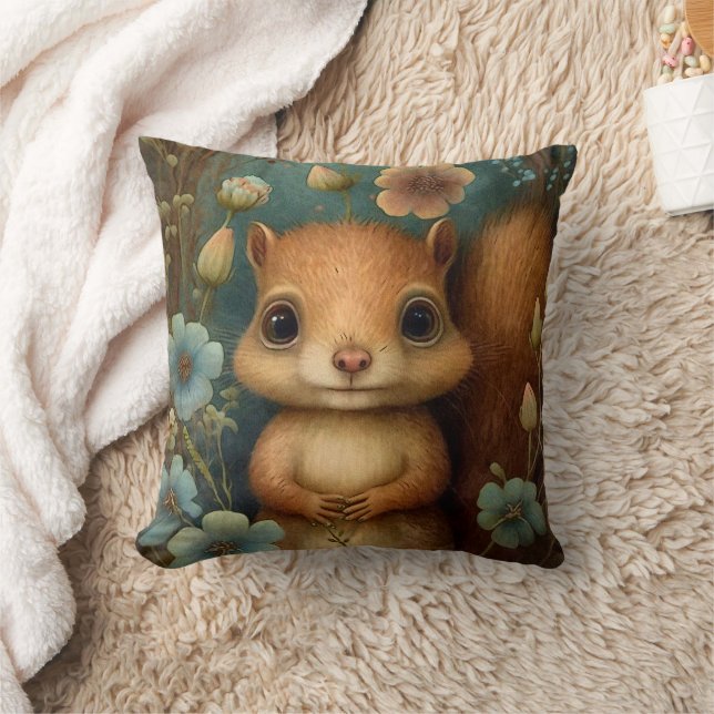 Cute Baby Squirrel Blue Flowers Painting Cushion (Blanket)
