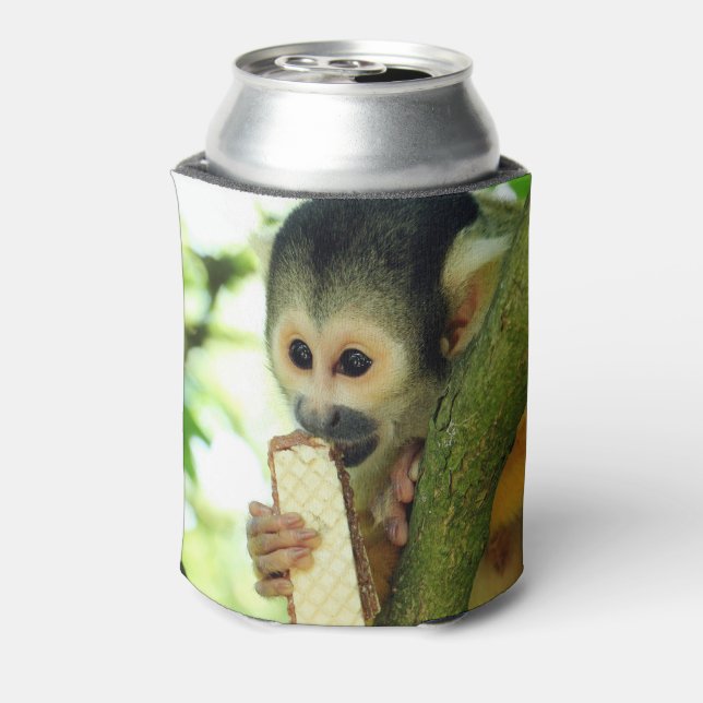 Cute Baby Squirrel Monkey Eating a Wafer Biscuit Can Cooler (Can Back)
