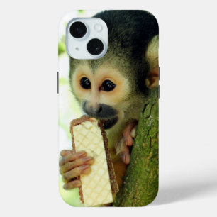 Cute Baby Squirrel Monkey Eating a Wafer Biscuit iPhone 15 Case