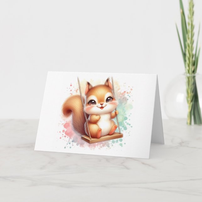 Cute Baby Squirrel Whimsical Woodland Watercolor  Card (Front)