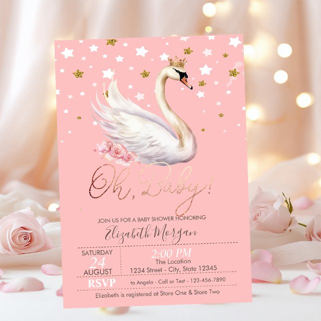 Cute Baby Swan Crown Stars Flowers Baby Shower Invitation (Creator Uploaded)