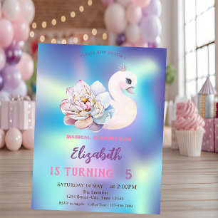 Cute Baby Swan Flower Blue Holographic Birthday Invitation