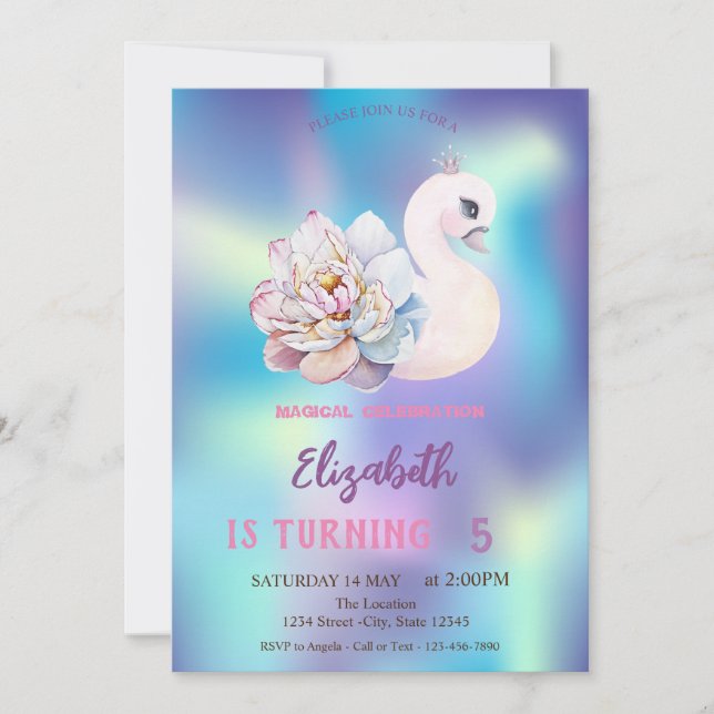 Cute Baby Swan Flower Blue Holographic Birthday Invitation (Front)