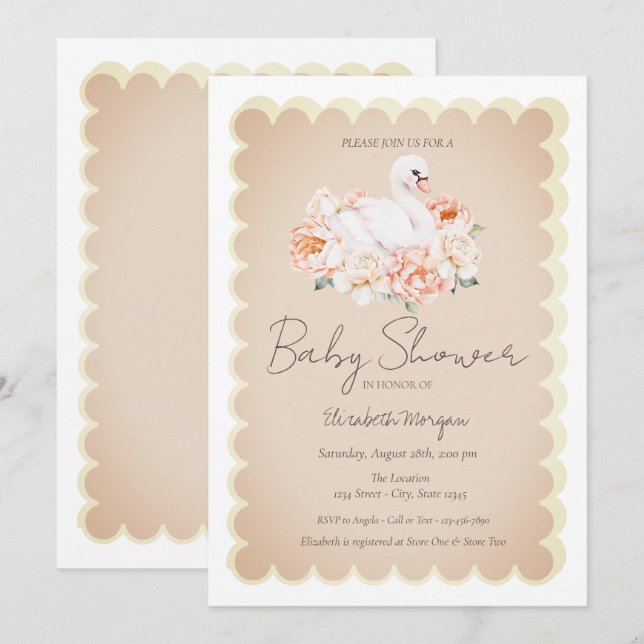 Cute Baby Swan Roses Baby Shower  Invitation (Front/Back)
