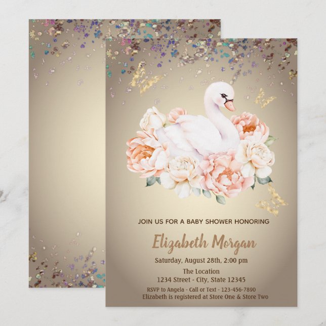 Cute Baby Swan Roses Confetti Baby Shower Invitation (Front/Back)