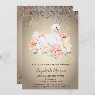 Cute Baby Swan Roses Confetti Baby Shower Invitation