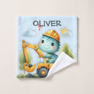 Cute Baby T-Rex on Construction Vehicle Wash Cloth