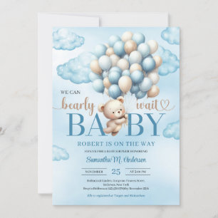 Cute baby teddy bear with blue and ivory balloons invitation