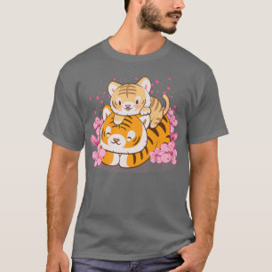 Cute Baby Tiger and Mum Pink Sakura Kawaii T-Shirt