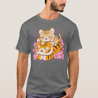 Cute Baby Tiger and Mum Pink Sakura Kawaii T-Shirt