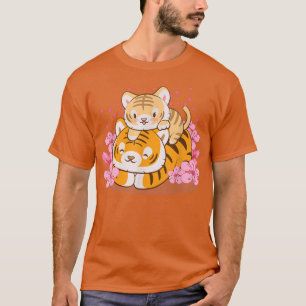 Cute Baby Tiger and Mum Pink Sakura Kawaii  T-Shirt