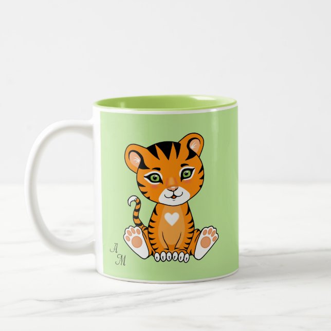 Cute Baby Tiger Animal Cartoon & Monogram on Green Two-Tone Coffee Mug (Left)