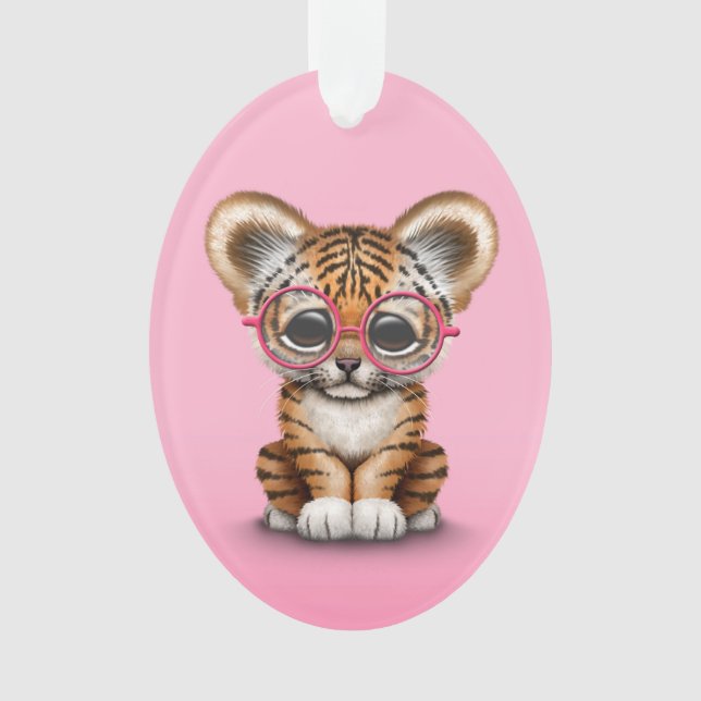 Cute Baby Tiger Cub Wearing Glasses on Pink Ornament (Front)