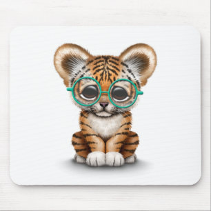 Cute Baby Tiger Cub Wearing Glasses on White Mouse Mat