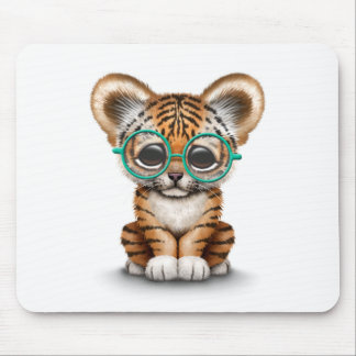 Cute Baby Tiger Cub Wearing Glasses on White Mouse Mat