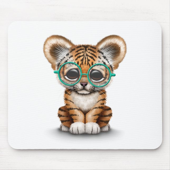 Cute Baby Tiger Cub Wearing Glasses on White Mouse Mat (Front)