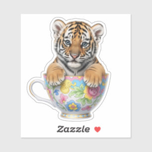Cute Baby Tiger in Floral Custom-Cut Vinyl Sticker