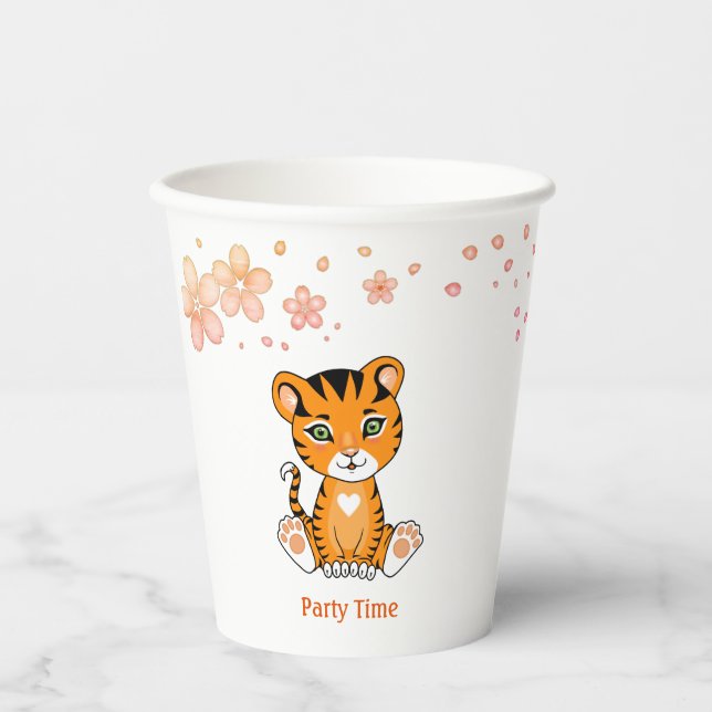 Cute Baby Tiger & Pink Flowers Party Paper Cups (Front)