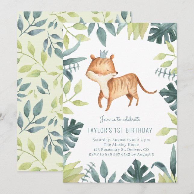 Cute Baby Tiger Prince Tropical Jungle Birthday Invitation (Front/Back)
