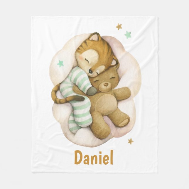 Cute baby tiger sleeping on a cloud fleece blanket (Front)
