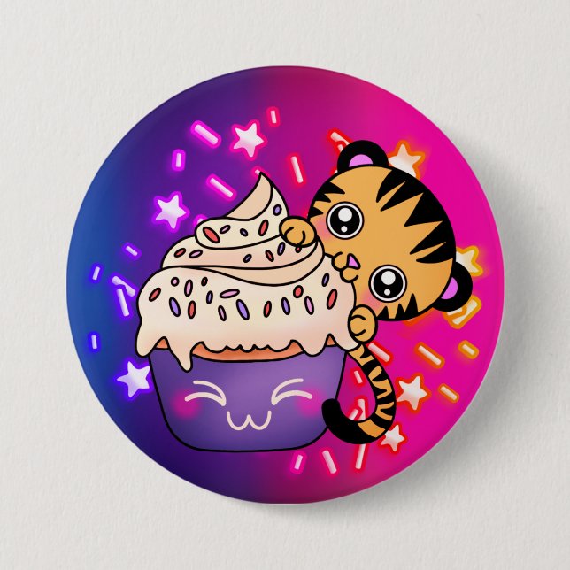 Cute Baby Tiger with Cosmic Star Cupcake 7.5 Cm Round Badge (Front)