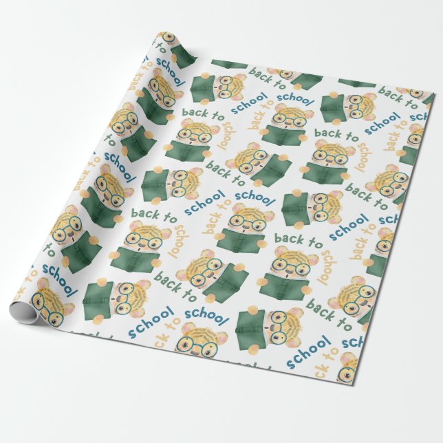 Cute Baby Tiger With Glasses Book Back to School  Wrapping Paper (Unrolled)