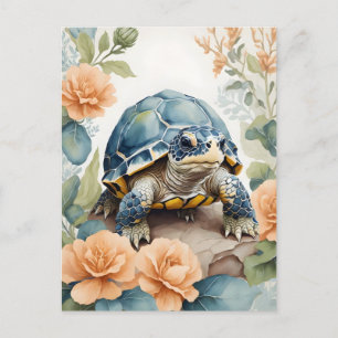 Cute Baby Tortoise Pastel Floral Watercolor Postcard