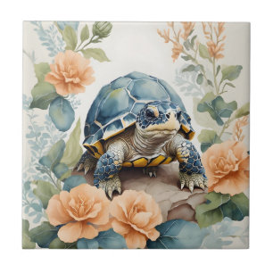 Cute Baby Tortoise Pastel Floral Watercolor Tile