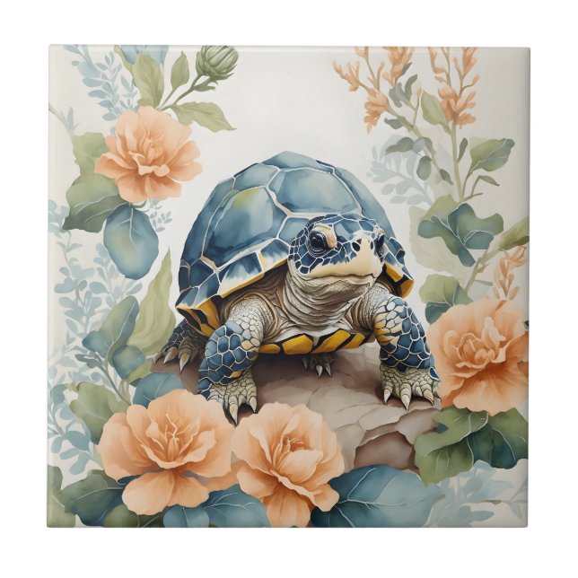Cute Baby Tortoise Pastel Floral Watercolor Tile (Front)